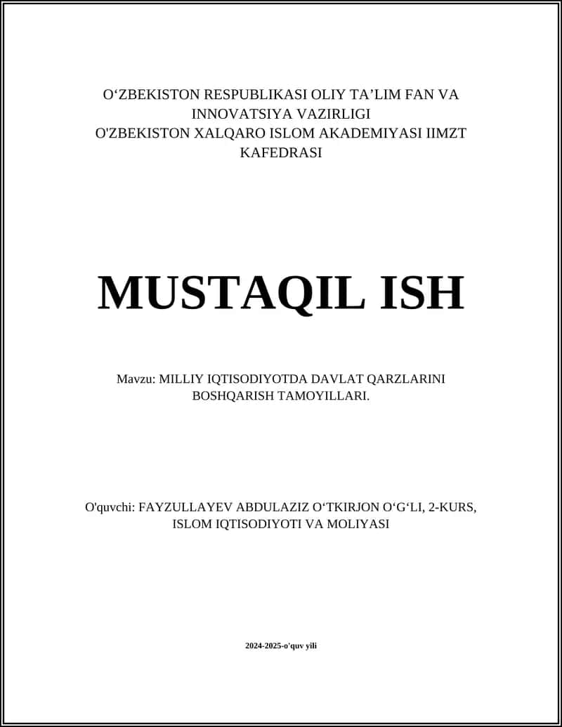 MILLIY IQTISODIYOTDA DAVLAT QARZLARINI BOSHQARISH TAMOYILLARI