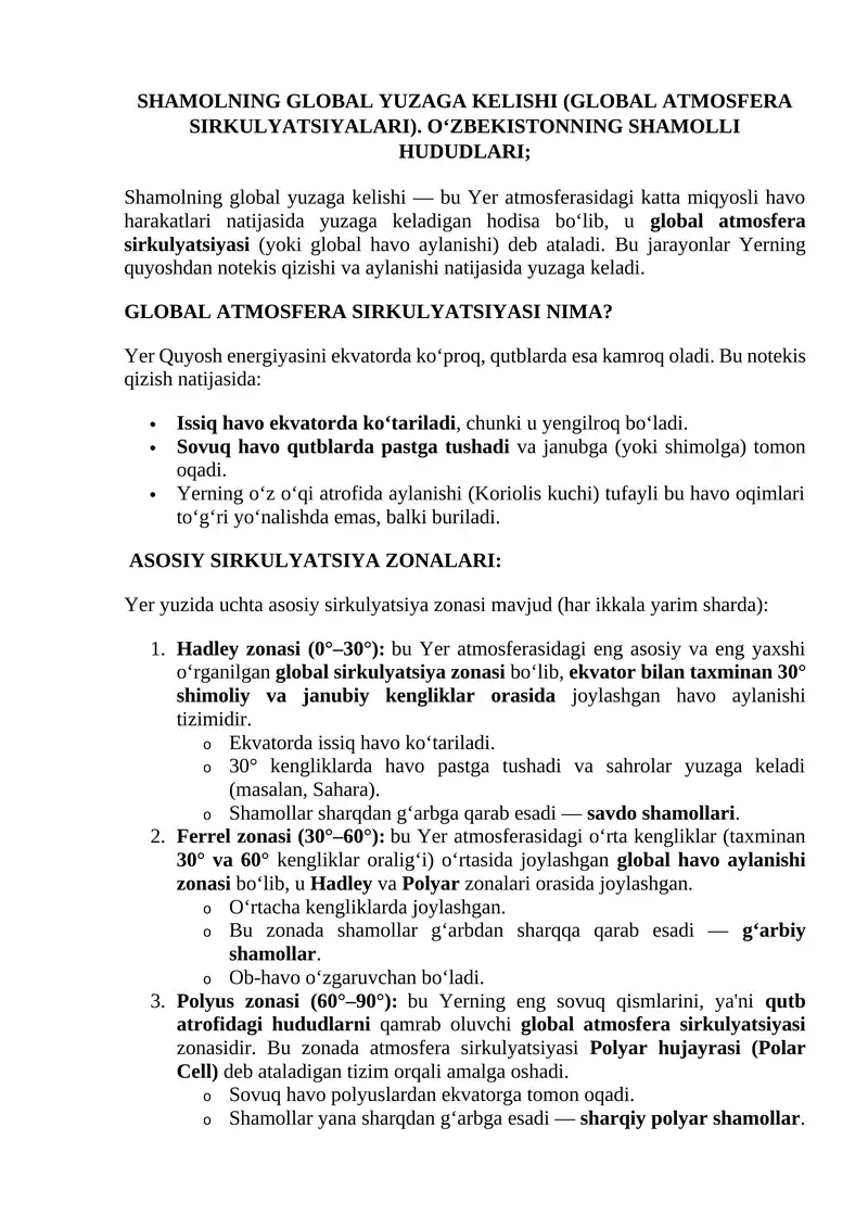 Yerning Shamolning Global Yuzaga Kelishi (Global Atmosfera Sirkulyatsiyalari)