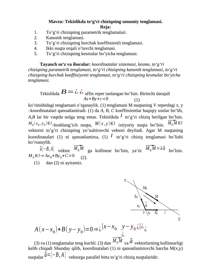 Tekislikda to‘g‘ri chiziqning umumiy tenglamasi