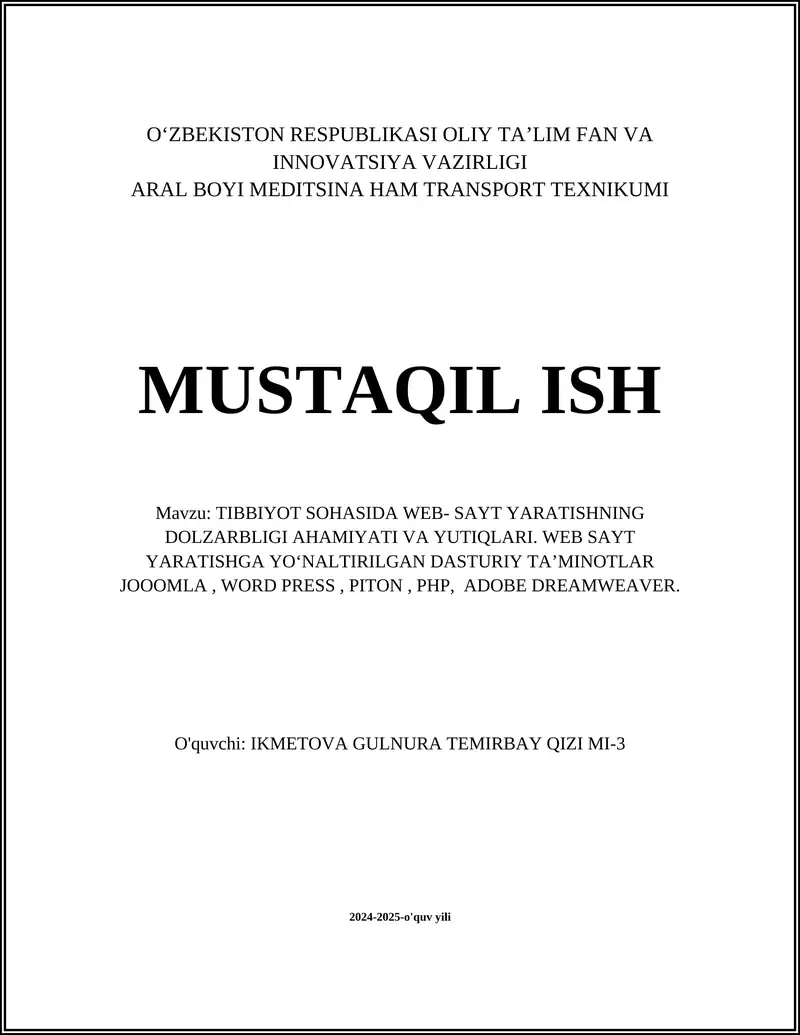 Tibbiyot sohasida web-sayt yaratishning dolzarbligi