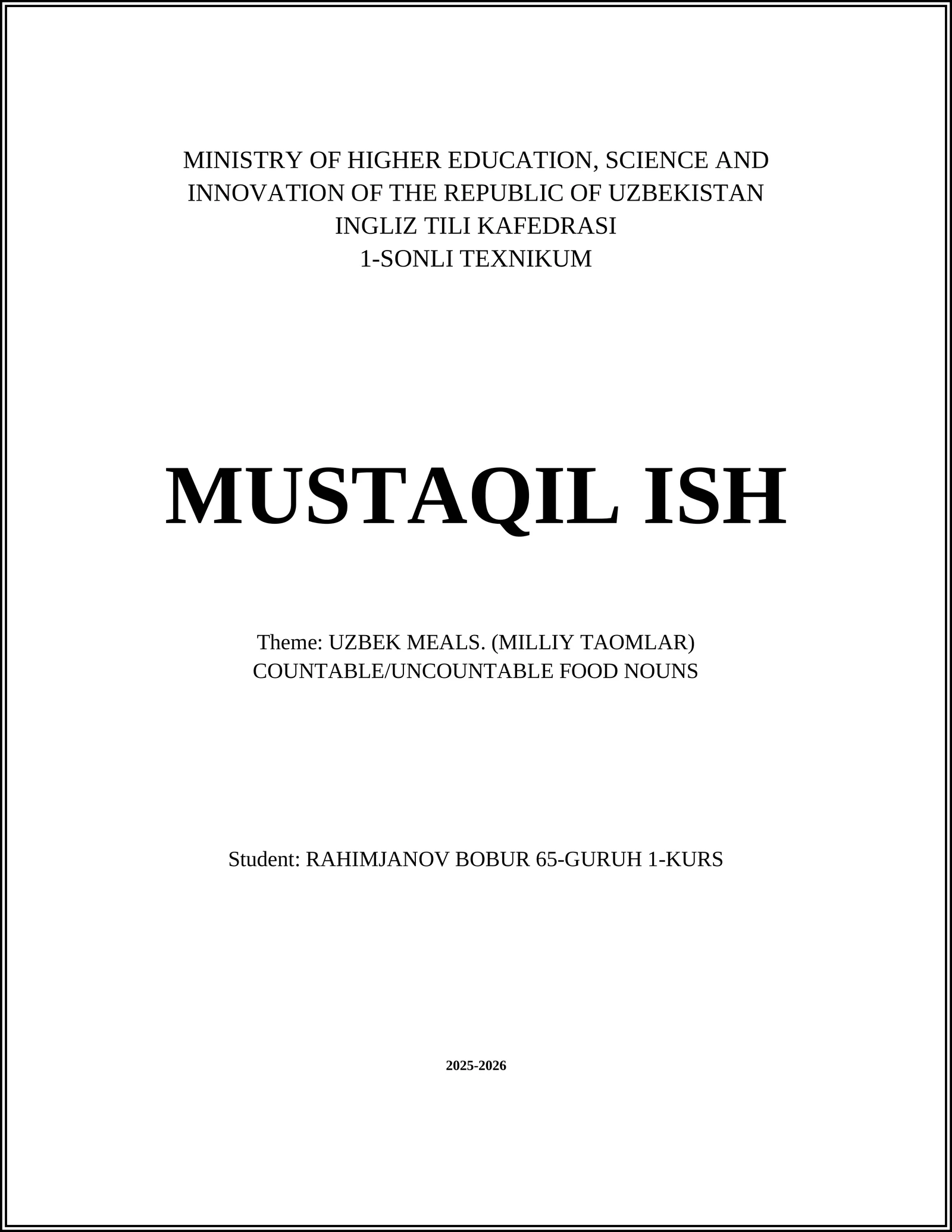 UZBEK MEALS - COUNTABLE/UNCOUNTABLE FOOD NOUNS