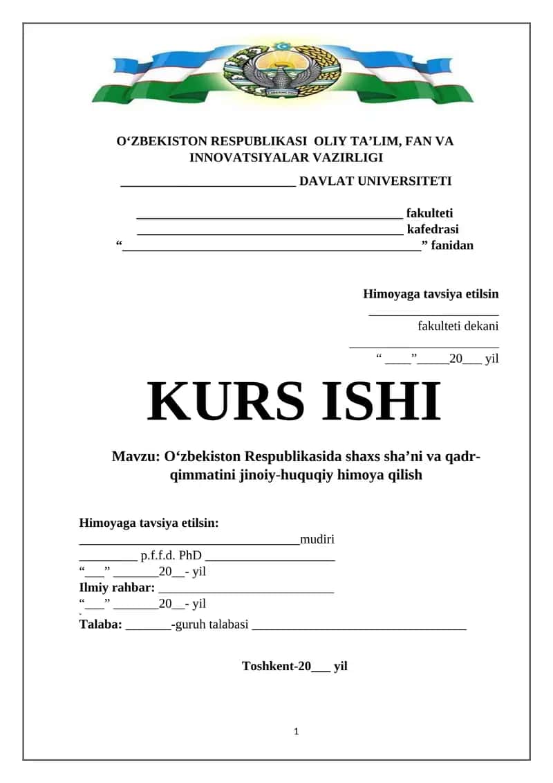 O’zbekiston Respublikasida shaxs sha’ni va qadr-qimmatini jinoiy-huquqiy himoya qilish
