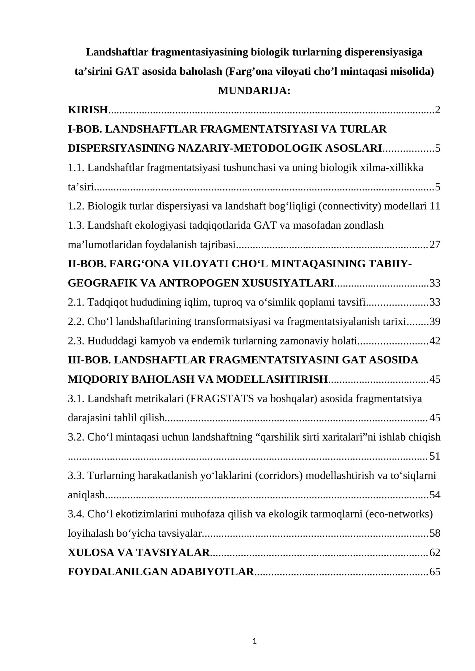 Landshaftlar fragmentasiyasining biologik turlarning disperensiyasiga ta’sirini GAT asosida baholash (Farg’ona viloyati cho’l mintaqasi misolida)