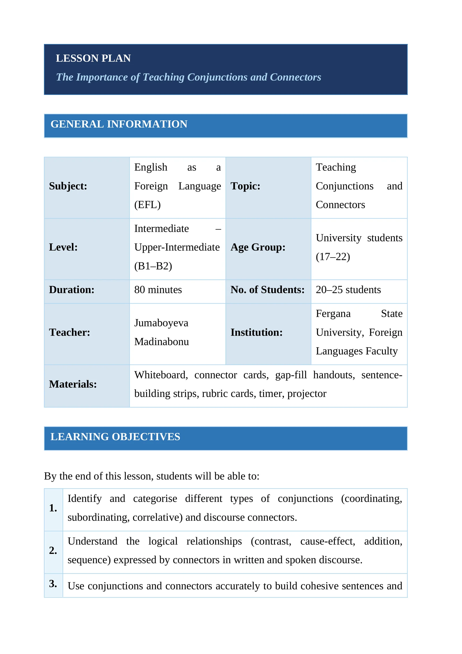 Lesson Plan - The Importance of Teaching Conjunctions and Connectors