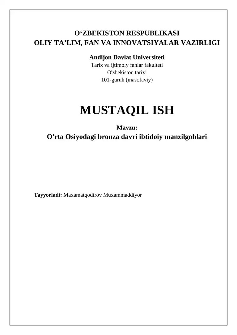 O'rta Osiyodagi bronza davri ibtidoiy manzilgohlari