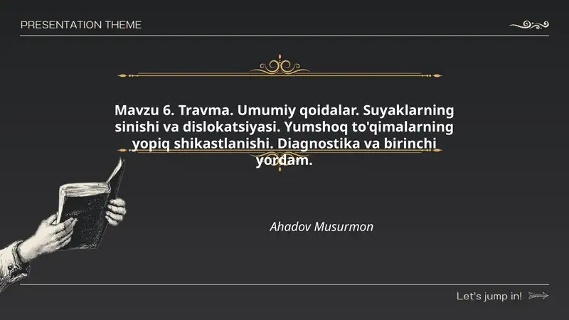 Travma. Umumiy qoidalar. Suyaklarning sinishi va dislokatsiyasi. Yumshoq to'qimalarning yopiq shikastlanishi. Diagnostika va birinchi yordam.