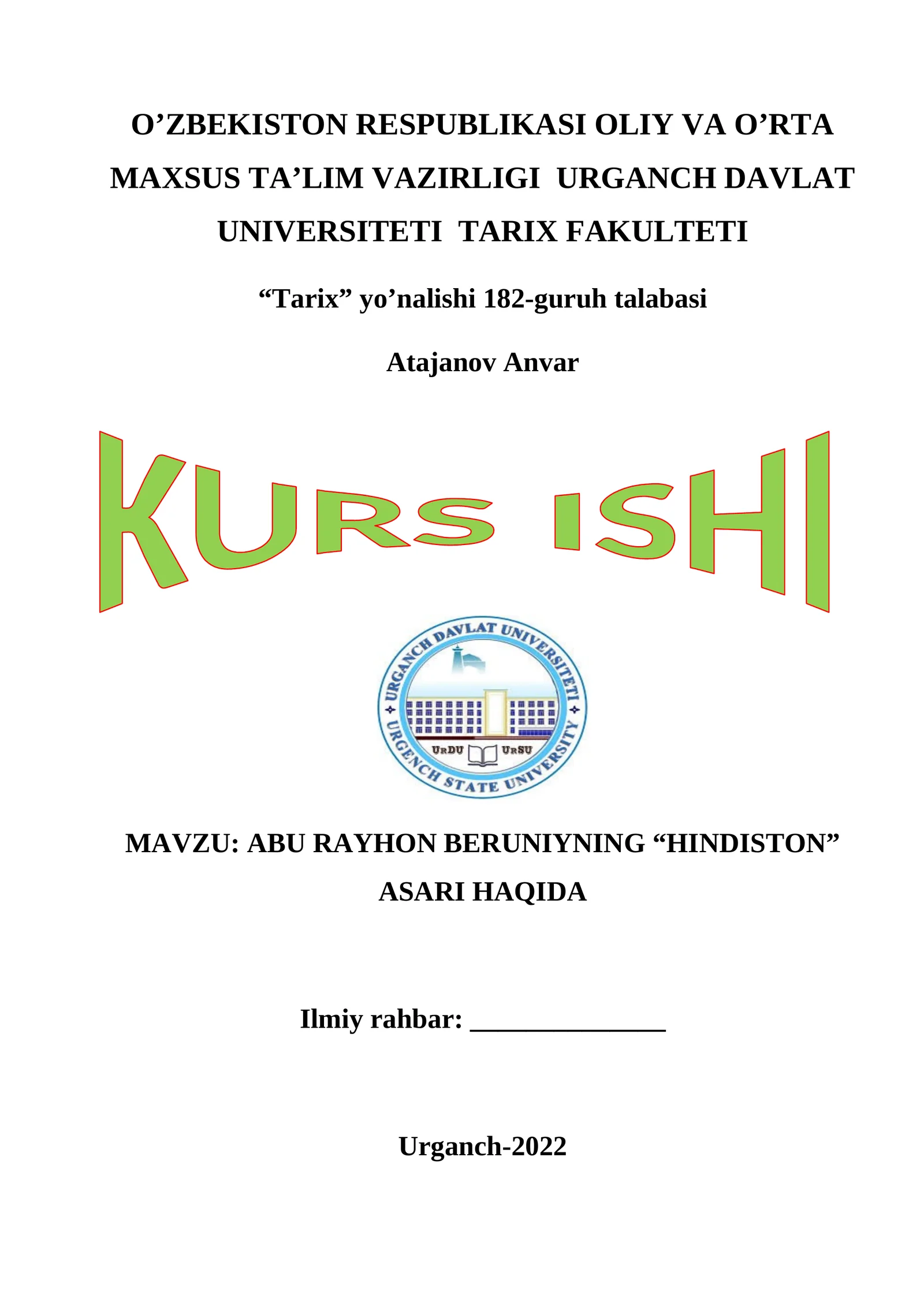 ABU RAYHON BERUNIYNING “HINDISTON” ASARI HAQIDA