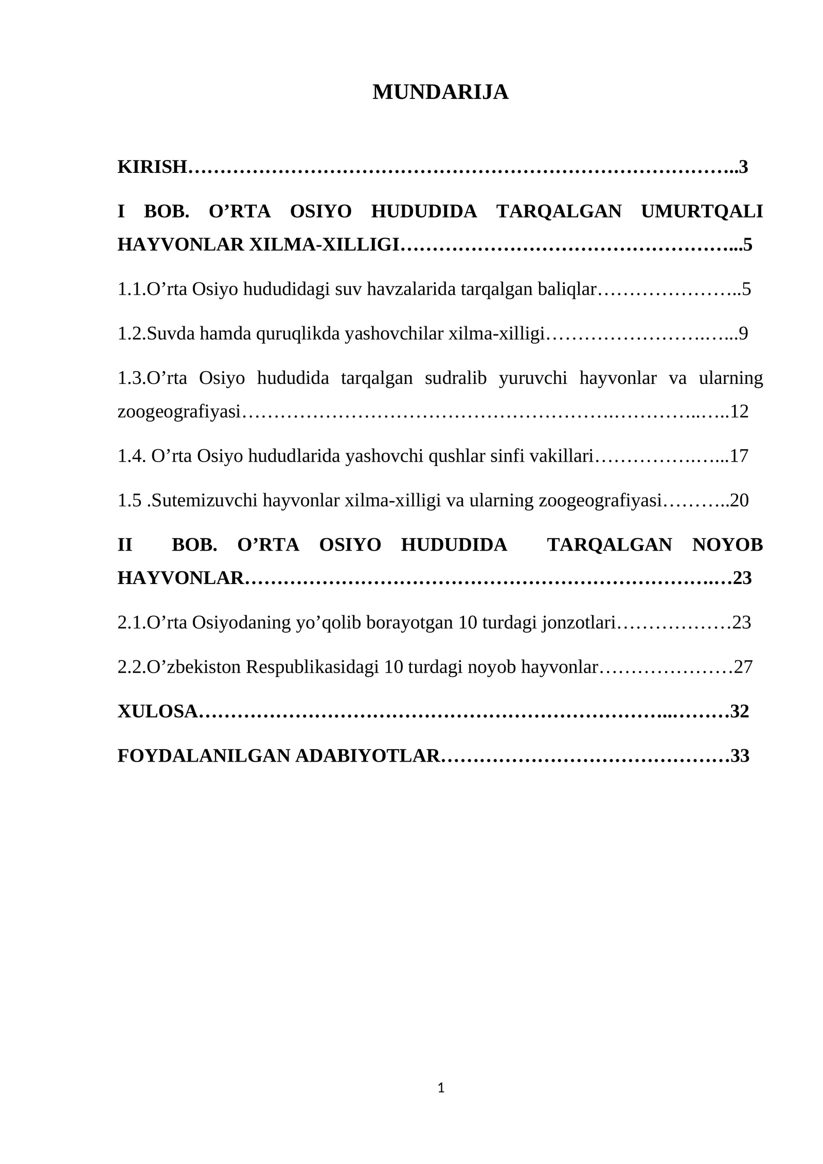 O‘rta Osiyo hududida tarqalgan umurtqali hayvonlar xilma-xilligi
