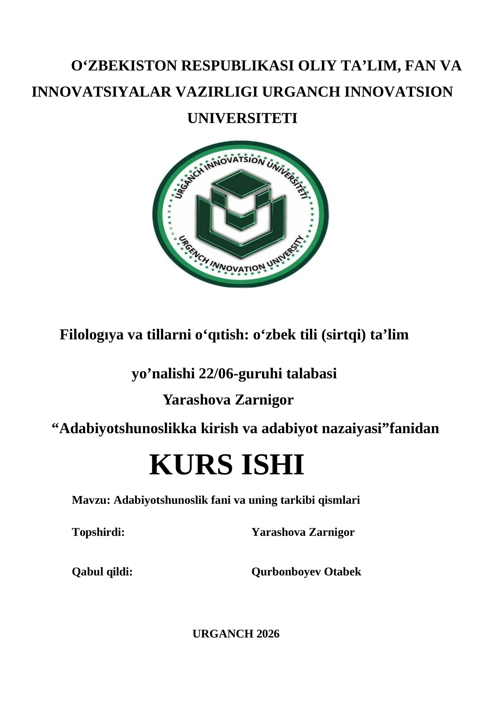 Filologıya va tillarni o‘qıtish: o‘zbek tili (sirtqi) ta’lim