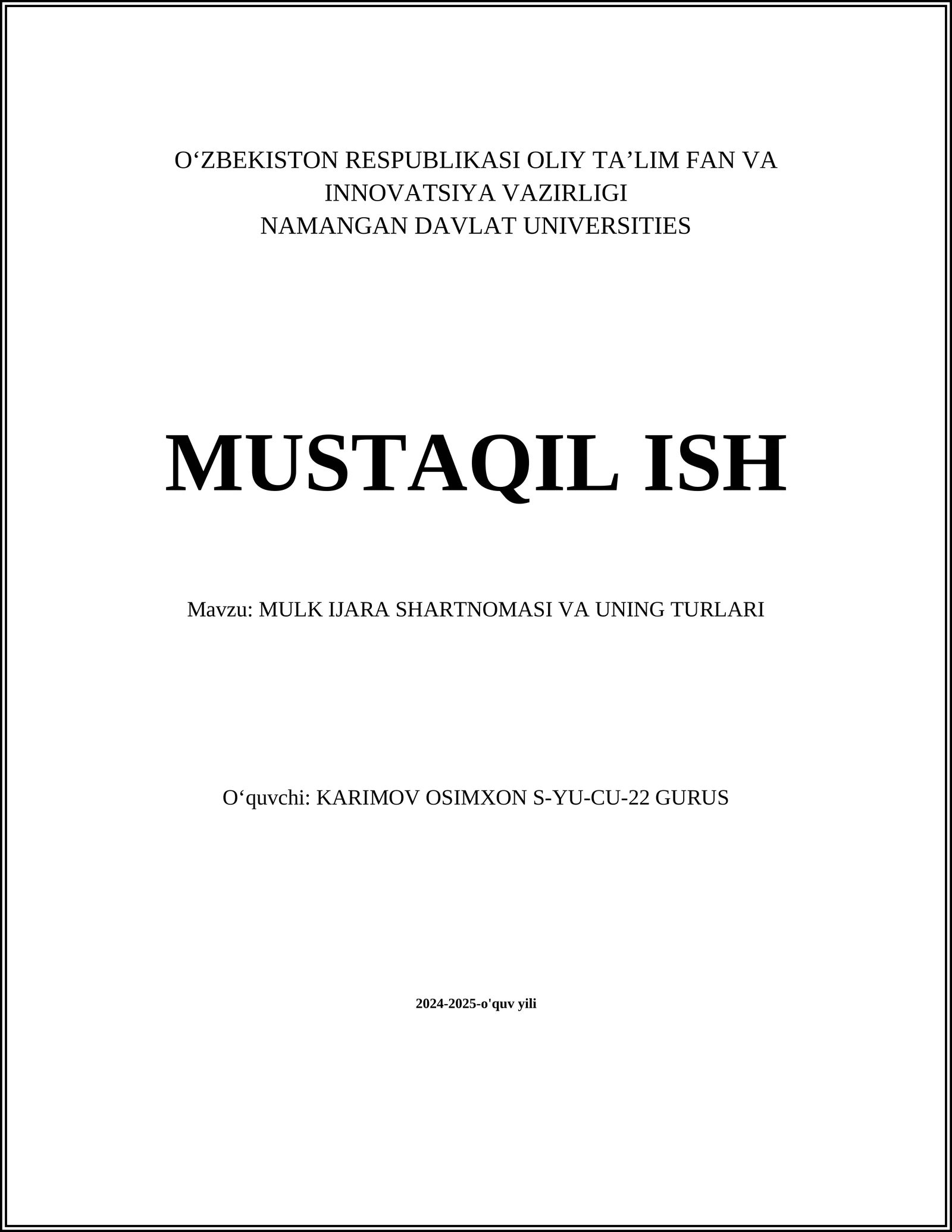 MULK IJARA SHARTNOMASI VA UNING TURLARI