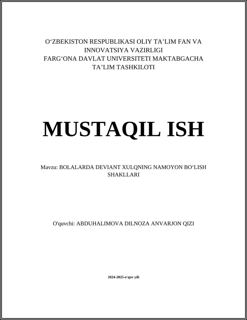 BOLALARDA DEVIANT XULQNING NAMOYON BOʻLISH SHAKLLARI