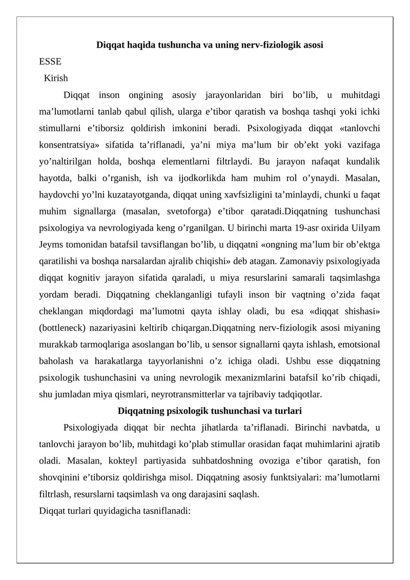 Diqqat haqida tushuncha va uning nerv-fiziologik asosi