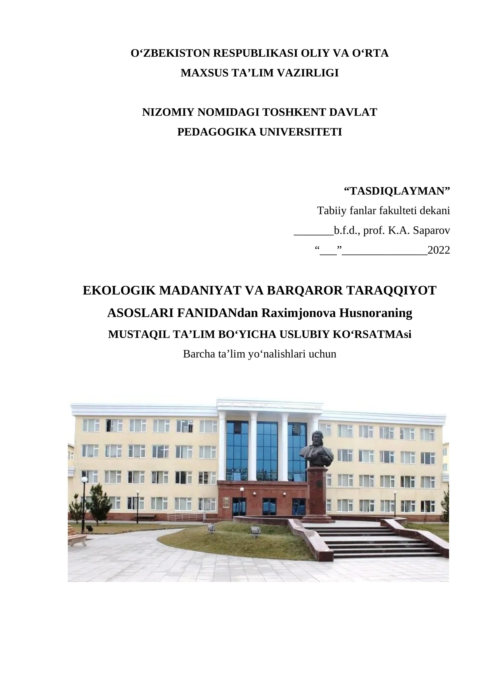 Ekologik madaniyat va barqaror taraqqiyot asoslari fani