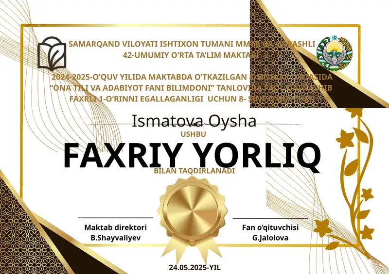 Faxriy yorliq, sertifikat premium dizayn