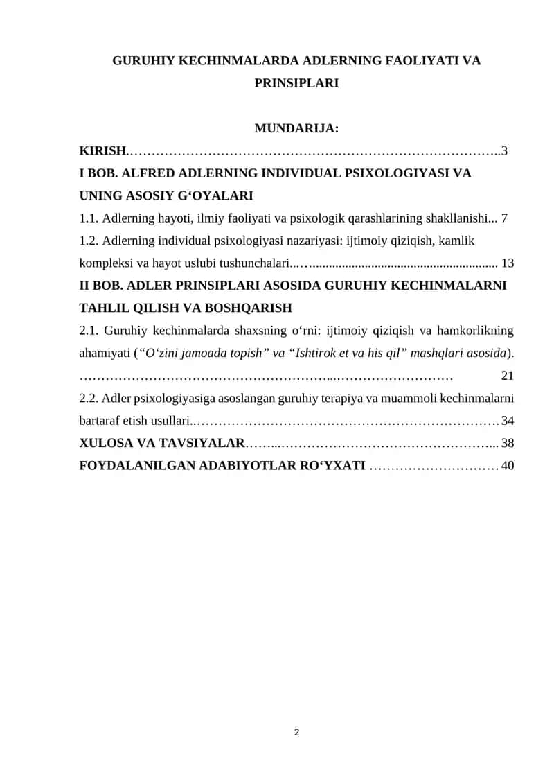 GURUHIY KECHINMALARDA ADLERNING FAOLIYATI VA PRINSIPLARI