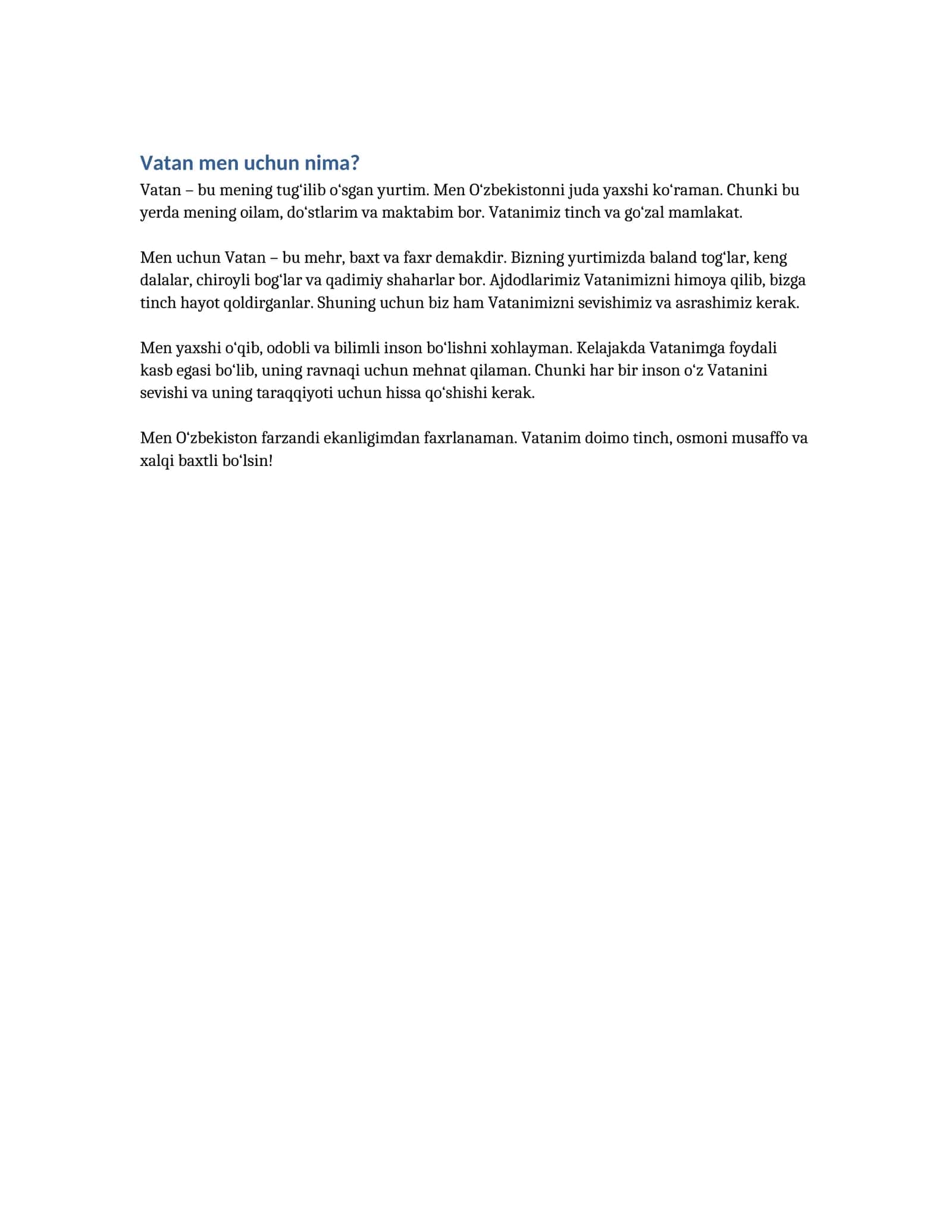5-sinf uchun "Vatan men uchun nima?" mavzusida esse (MS Word)