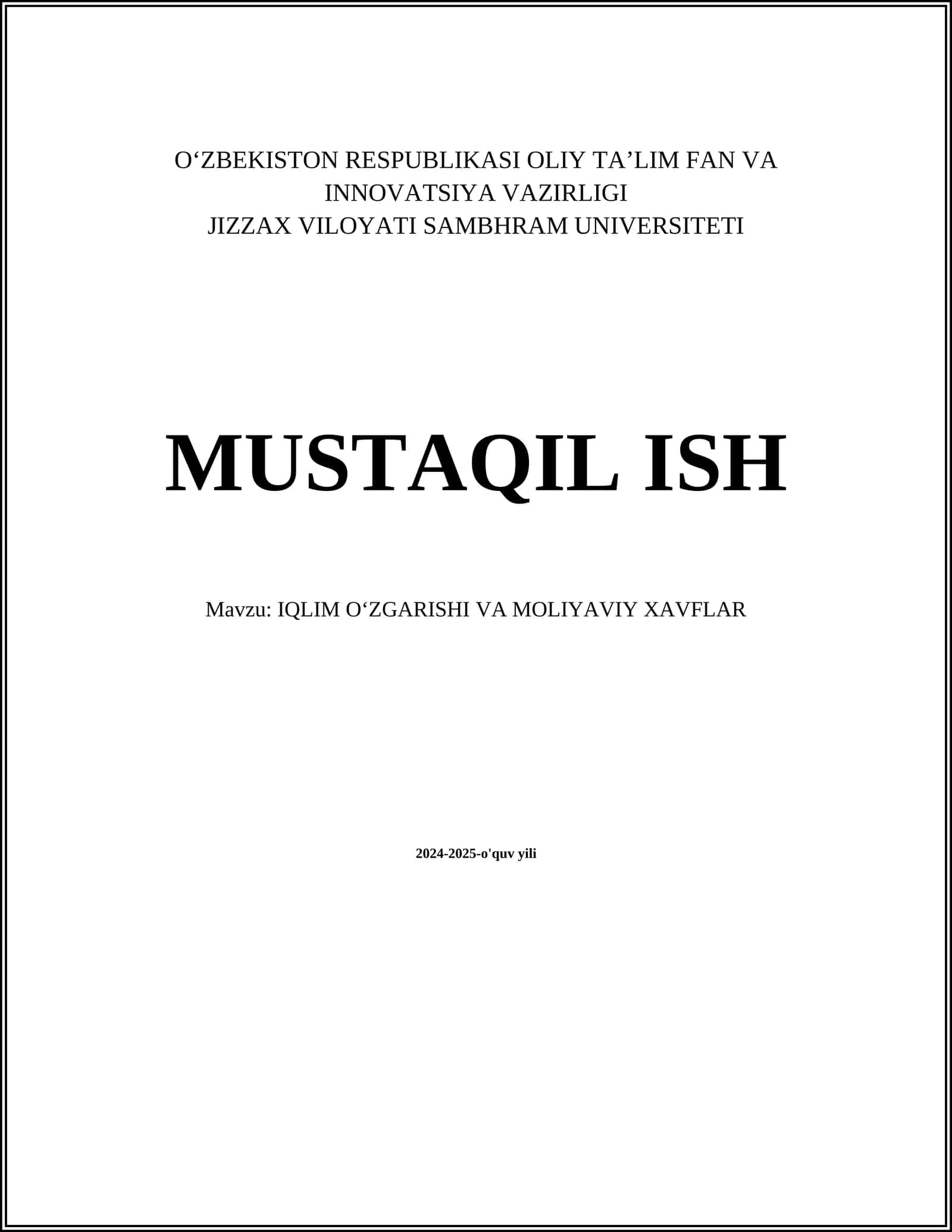 IQLIM OʻZGARISHI VA MOLIYAVIY XAVFLAR