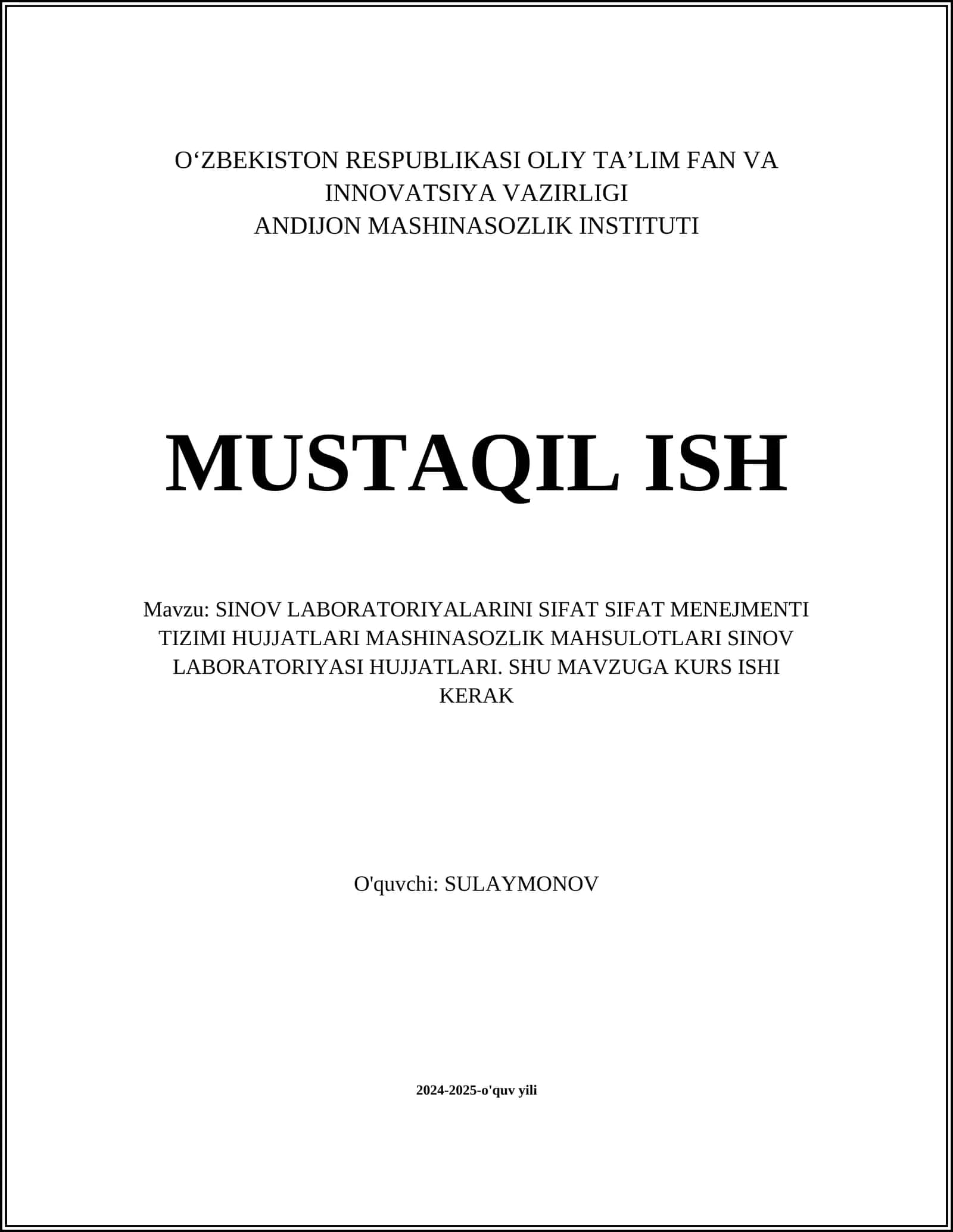 SINOV LABORATORIYALARINI SIFAT SIFAT MENEJMENTI TIZIMI HUJJATLARI