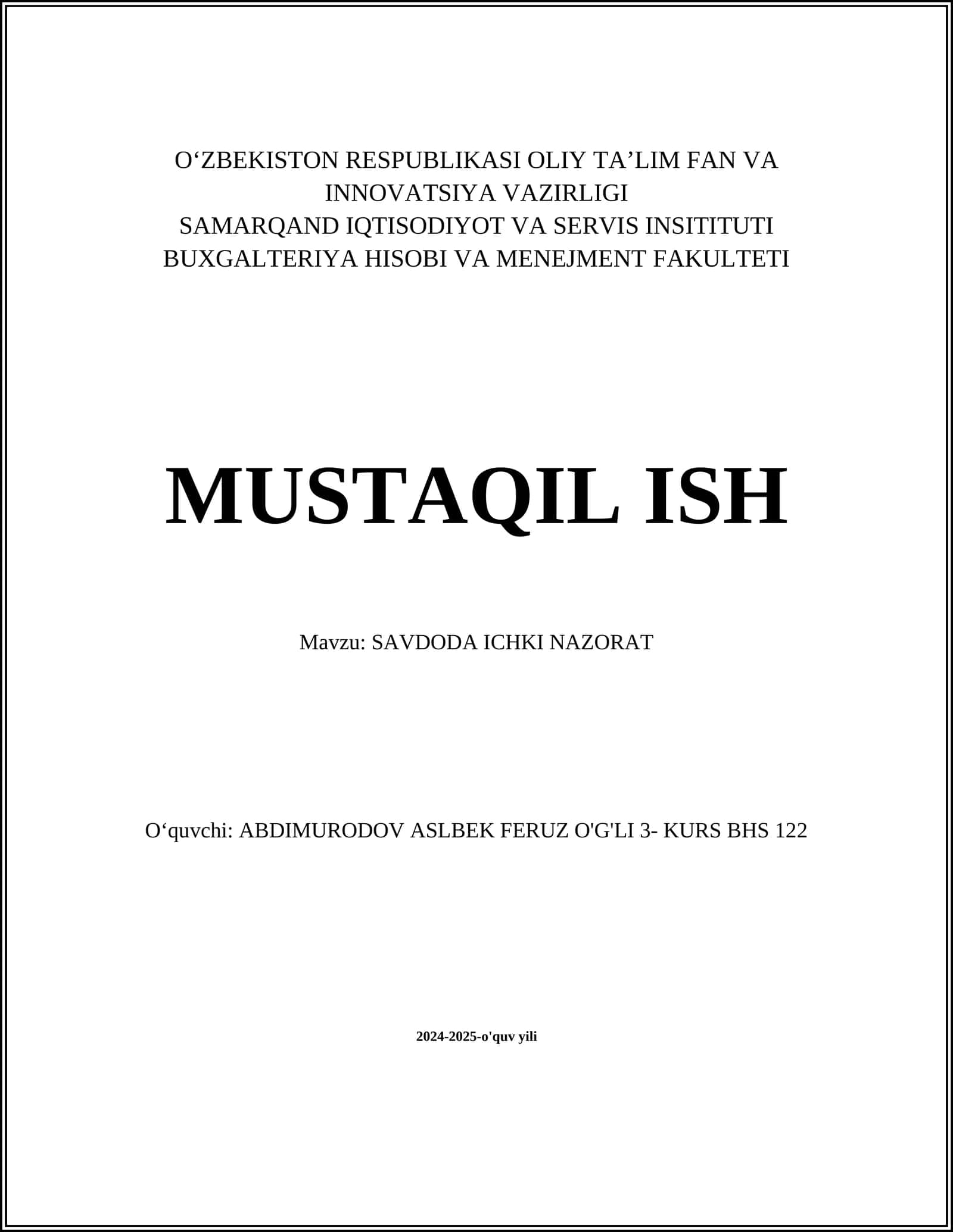 SAVDODA ICHKI NAZORAT