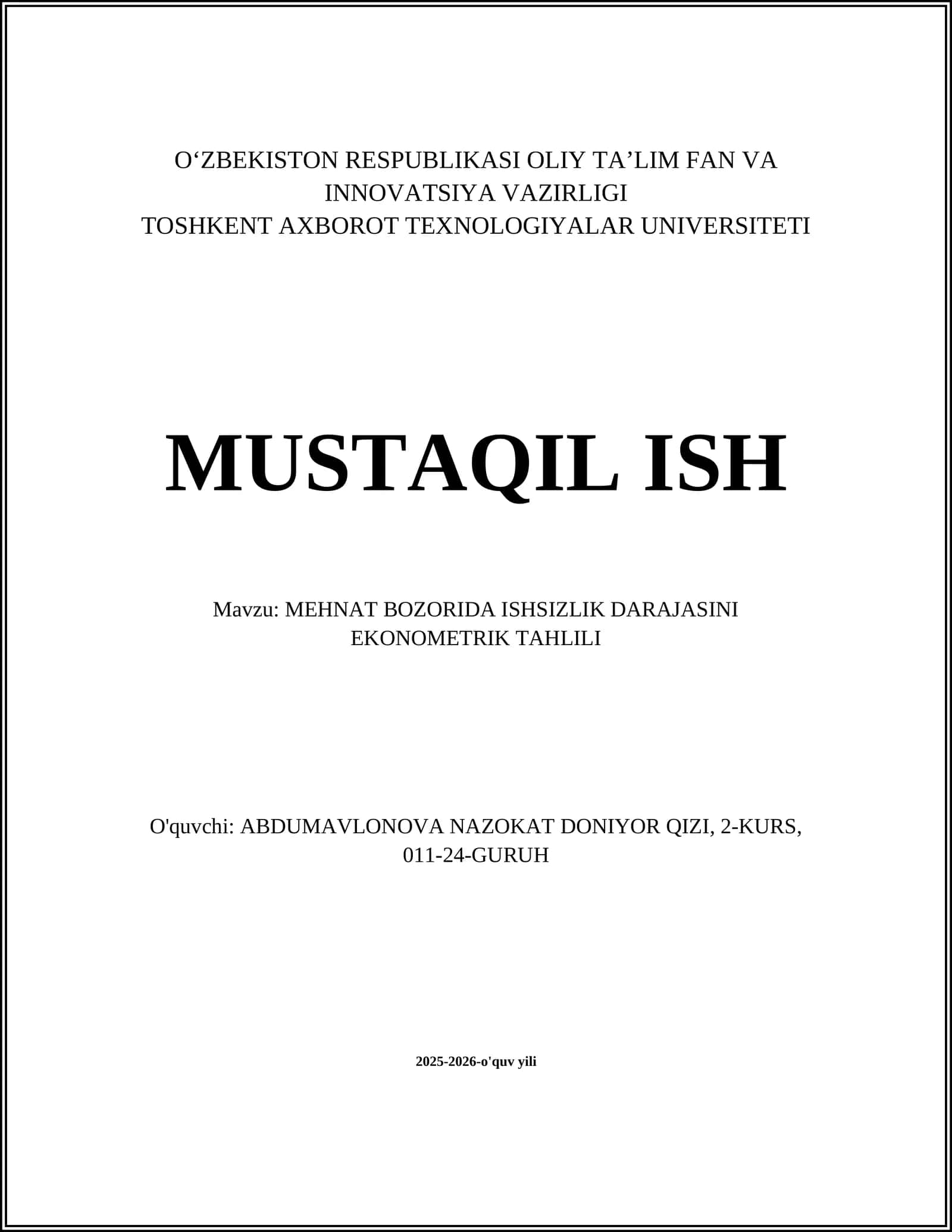 MEHNAT BOZORIDA ISHSIZLIK DARAJASINI EKONOMETRIK TAHLILI