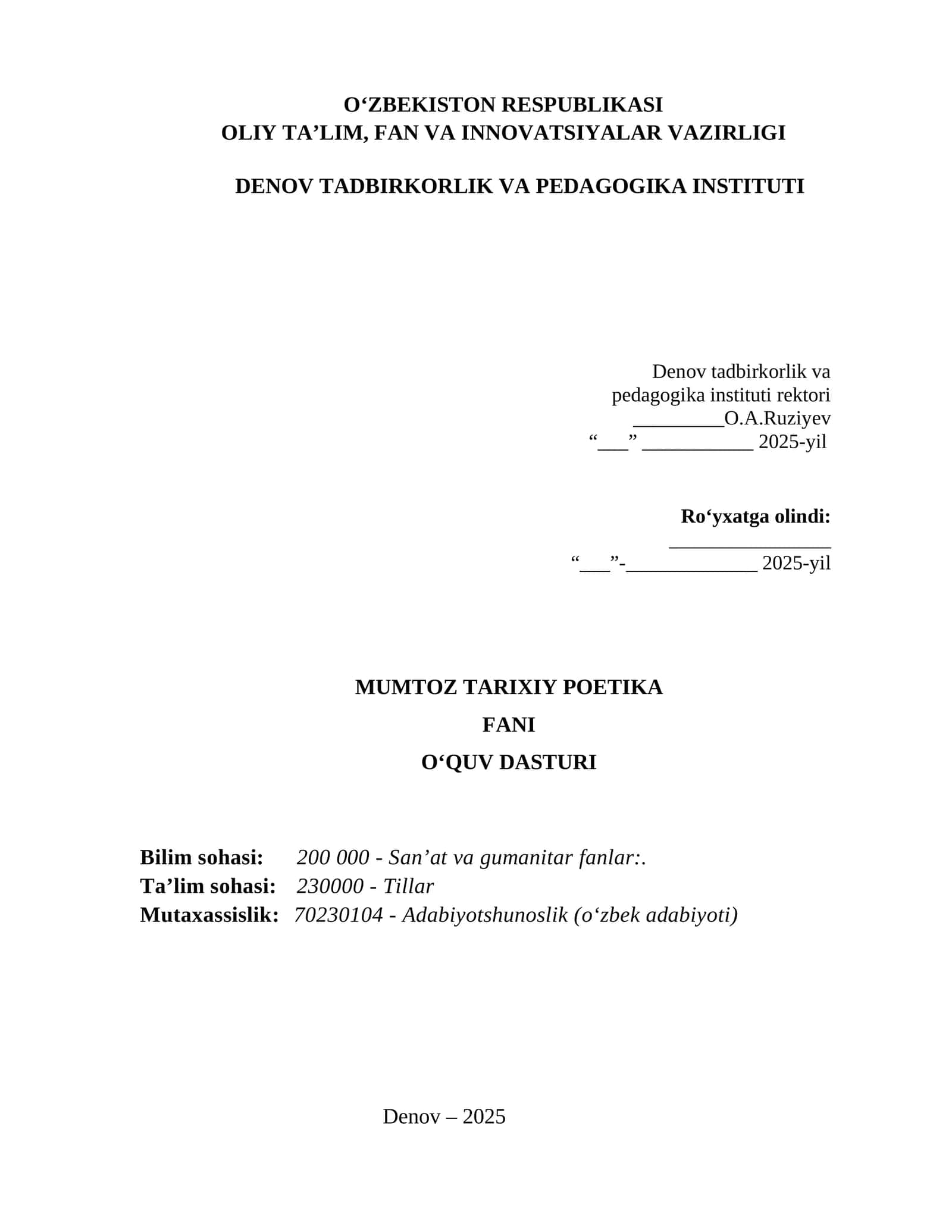 MUMTOZ TARIXIY POETIKA FANI