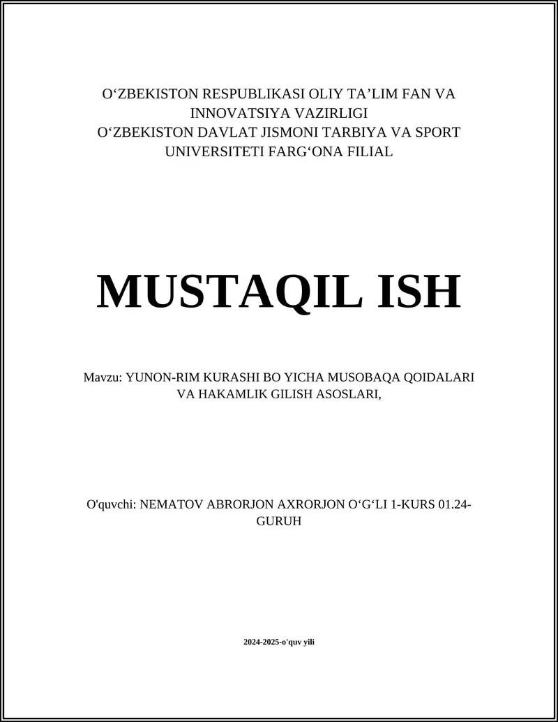YUNON-RIM KURASHI BO YICHA MUSOBAQA QOIDALARI VA HAKAMLIK GILISH ASOSLARI
