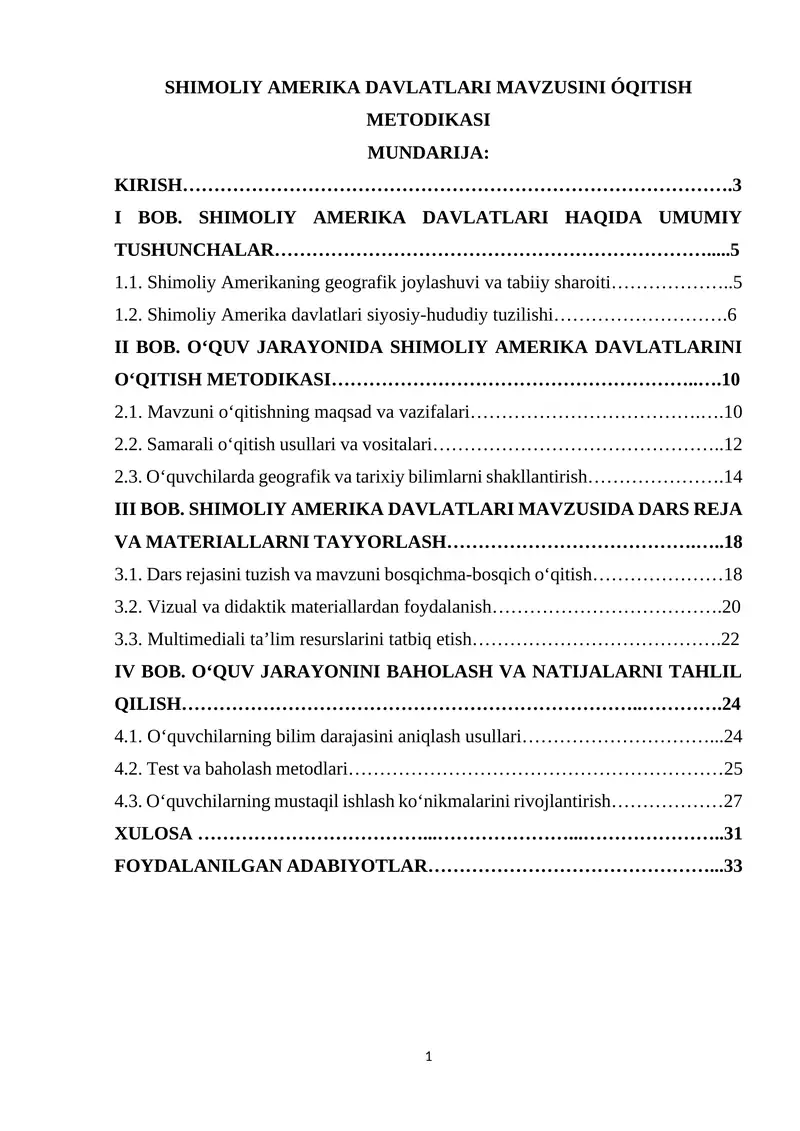 SHIMOLIY AMERIKA DAVLATLARI MAVZUSINI ÓQITISH METODIKASI
