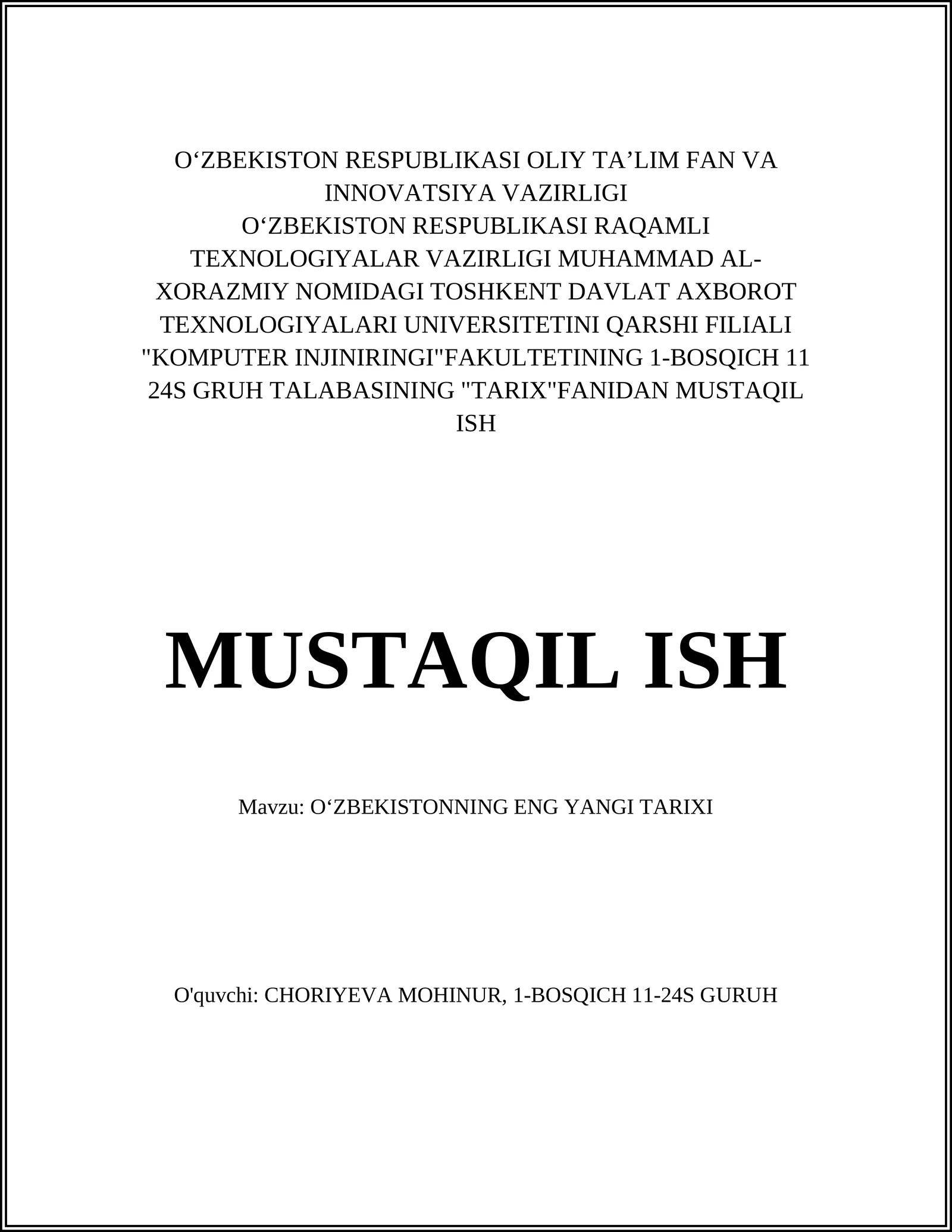 OʻZBEKISTONNING ENG YANGI TARIXI