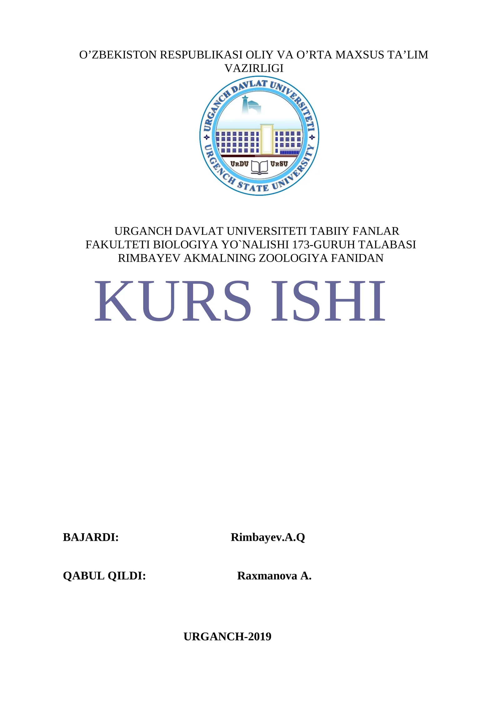 Zoologiya fanidan kurs ishi