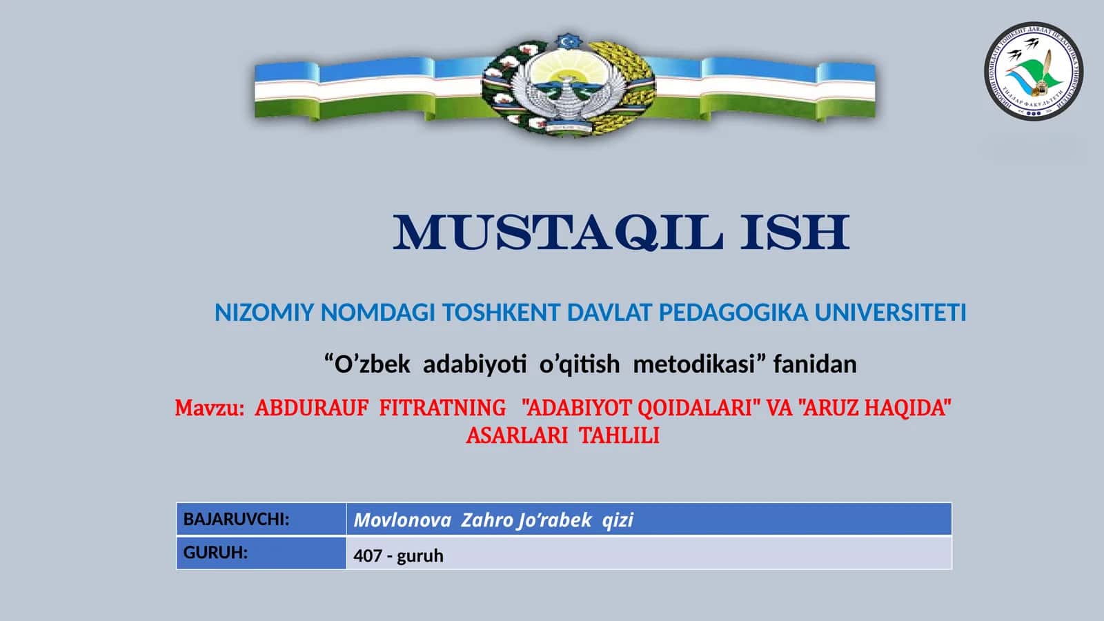 Fitratning "Aruz haqida" va "Adabiyot qoidalari" asarlari tahlili taqdimoti