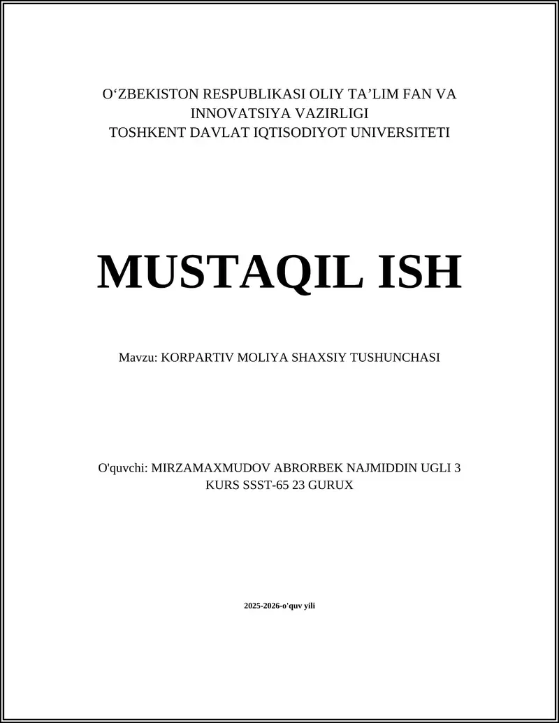 KORPARTIV MOLIYA SHAXSIY TUSHUNCHASI
