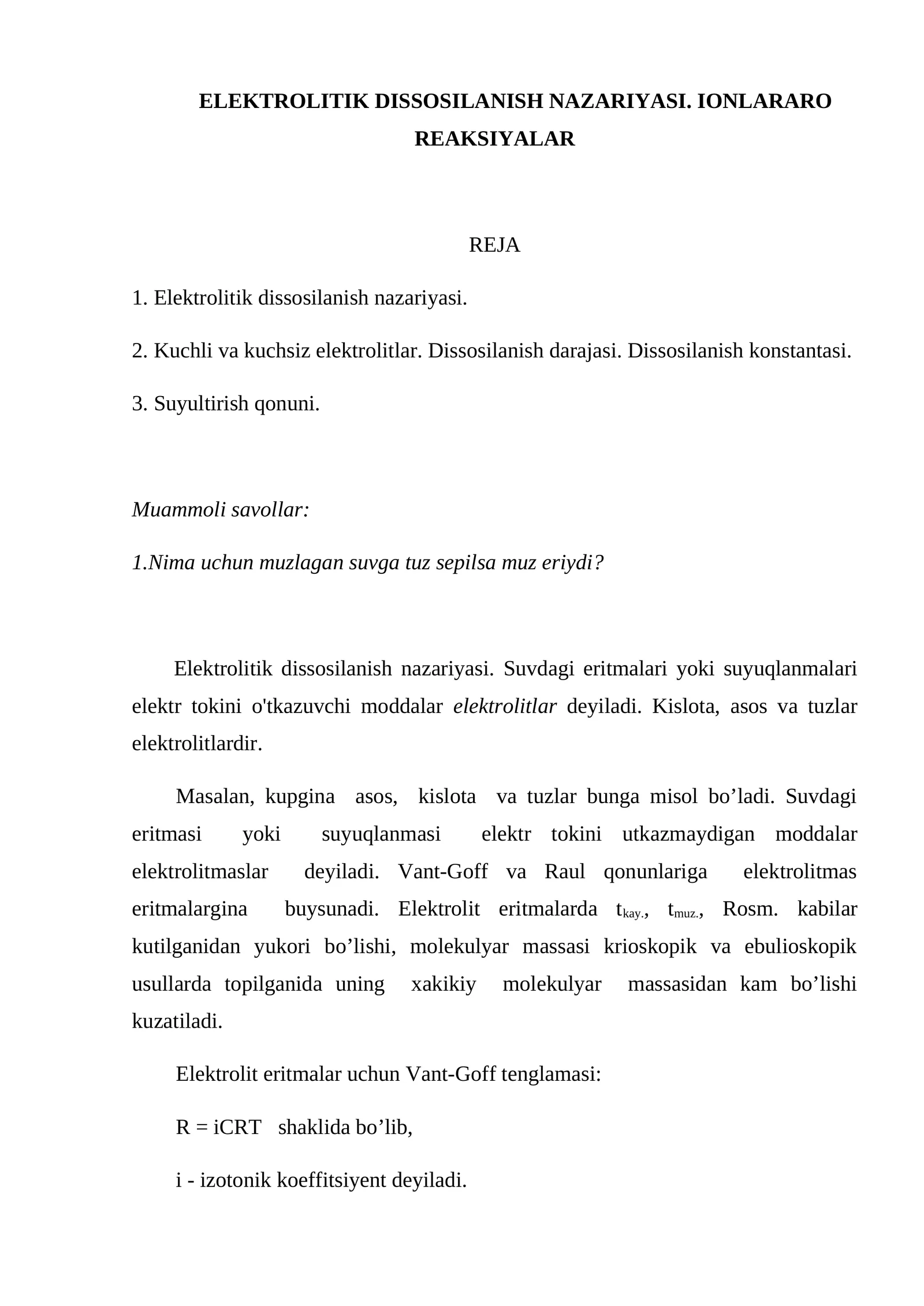 ELEKTROLITIK DISSOSILANISH NAZARIYASI. IONLARARO REAKSIYALAR