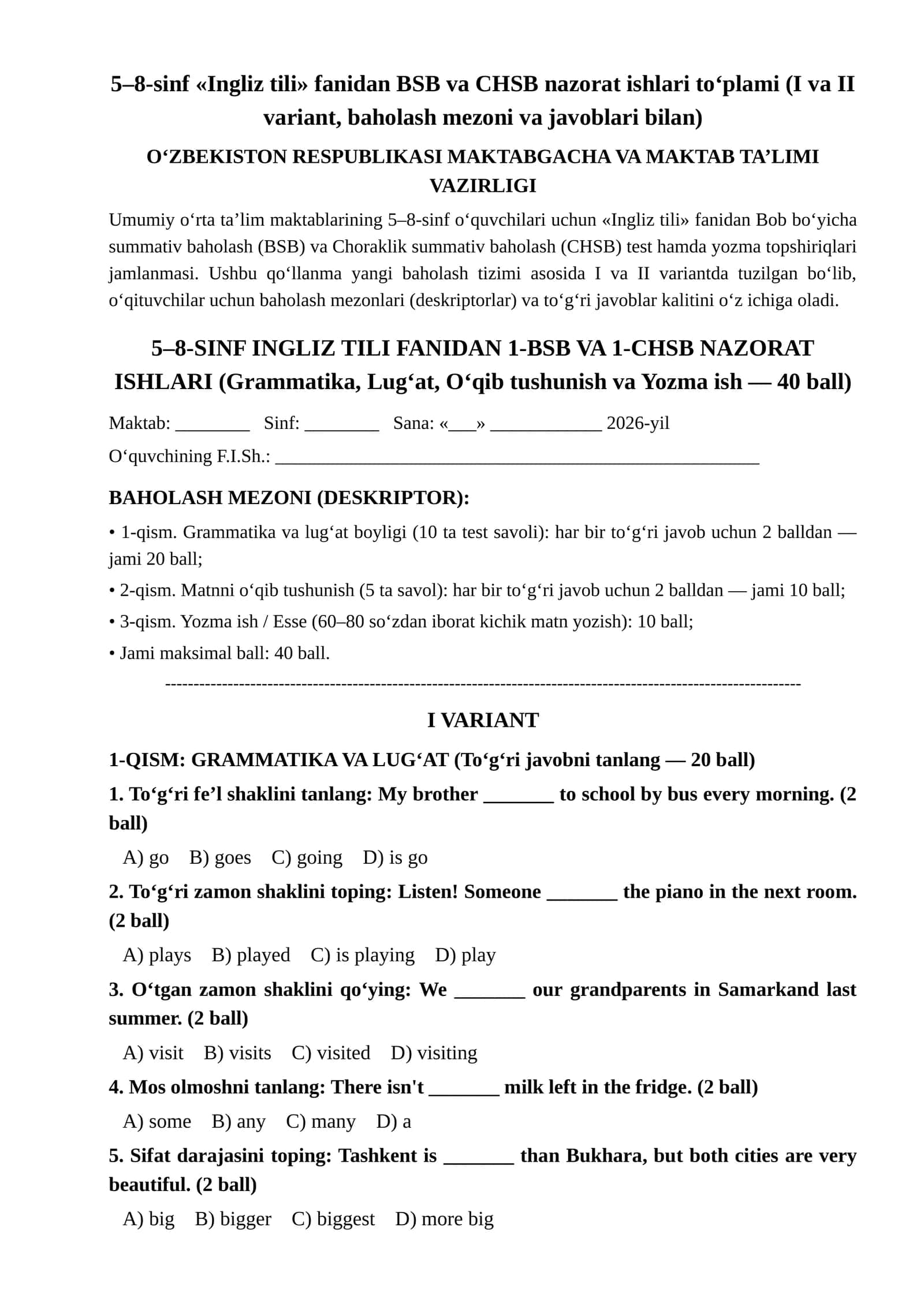 5–8-sinf «Ingliz tili» fanidan BSB va CHSB nazorat ishlari to‘plami (I va II variant, baholash mezoni va javoblari bilan)