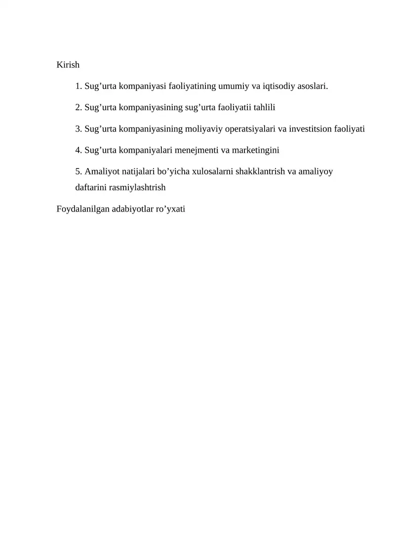 Sug'urta kompaniyasi faoliyatining umumiy va iqtisodiy asoslari
