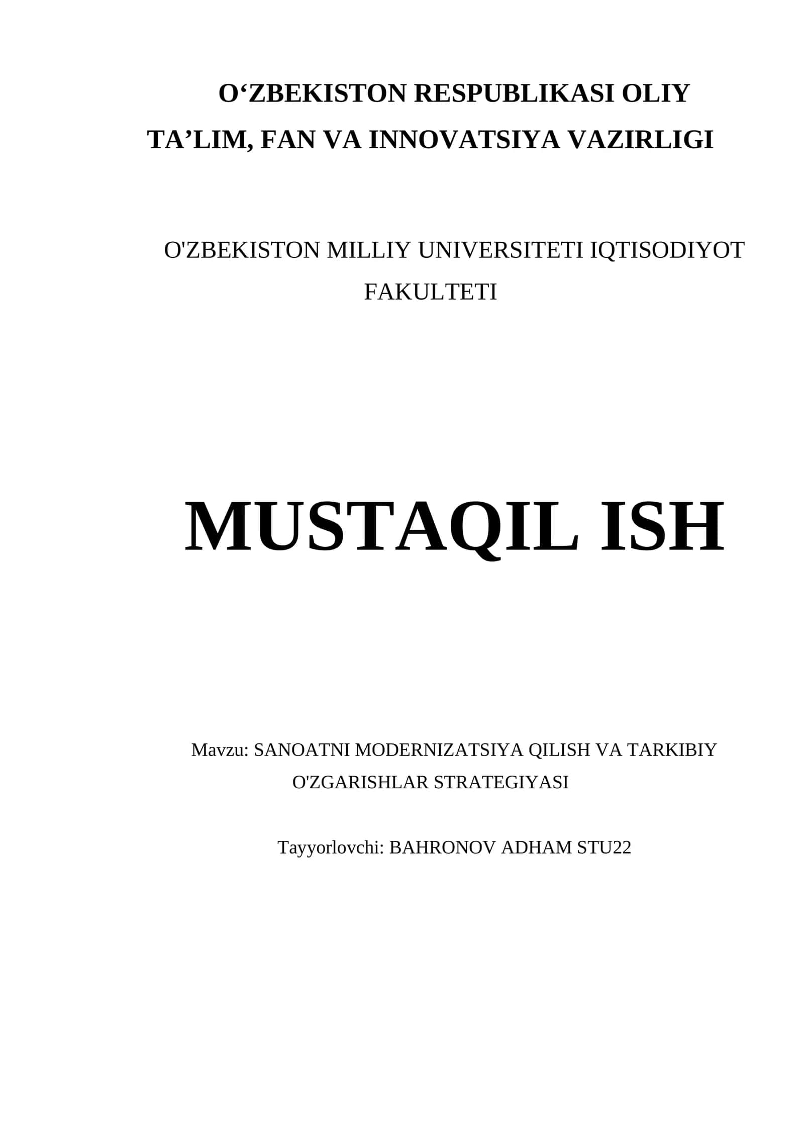 SANOATNI MODERNIZATSIYA QILISH VA TARKIBIY O'ZGARISHLAR STRATEGIYASI
