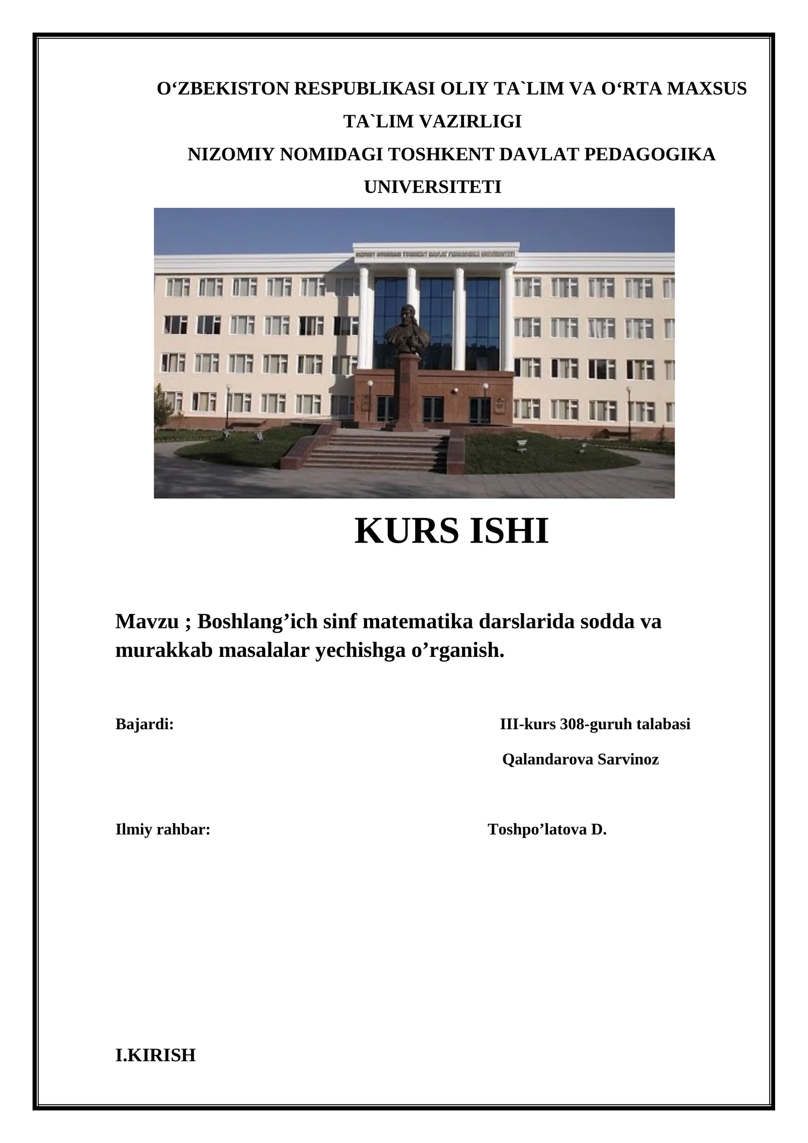 Boshlang’ich sinf matematika darslarida sodda va murakkab masalalar yechishga o’rganish