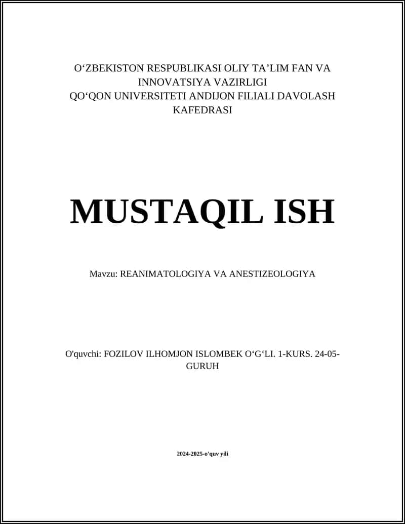 REANIMATOLOGIYA VA ANESTIZEOLOGIYA