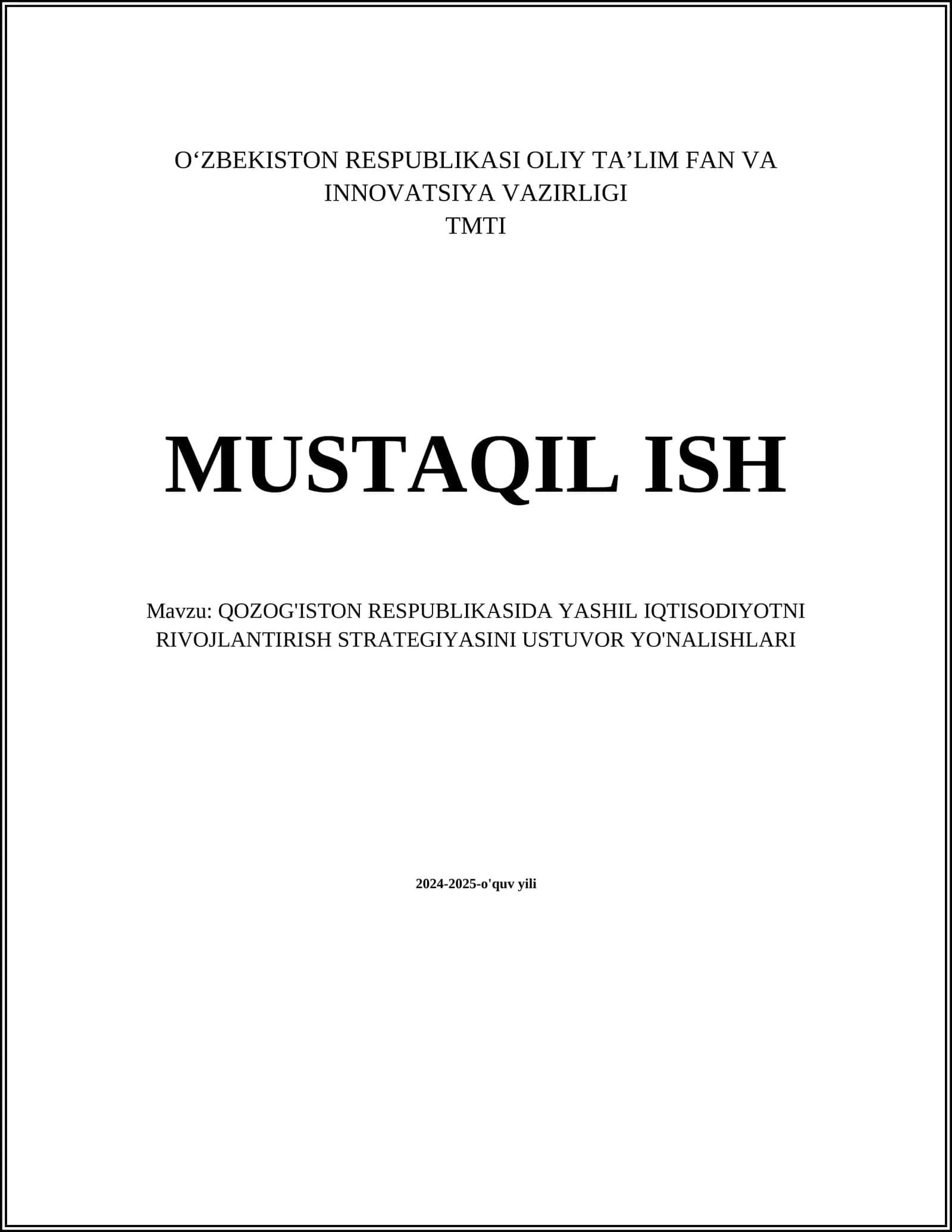 QOZOG'ISTON RESPUBLIKASIDA YASHIL IQTISODIYOTNI RIVOJLANTIRISH STRATEGIYASINI USTUVOR YO'NALISHLARI