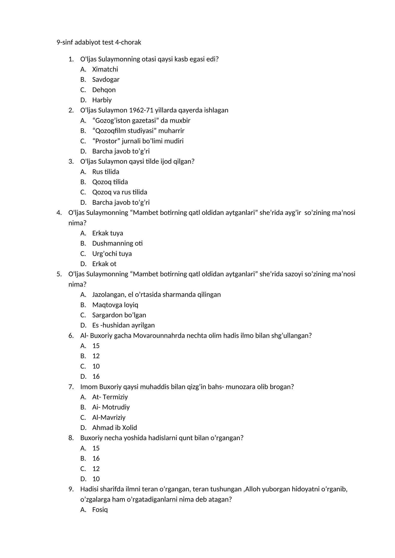 9-sinf adabiyot test 4-chorak