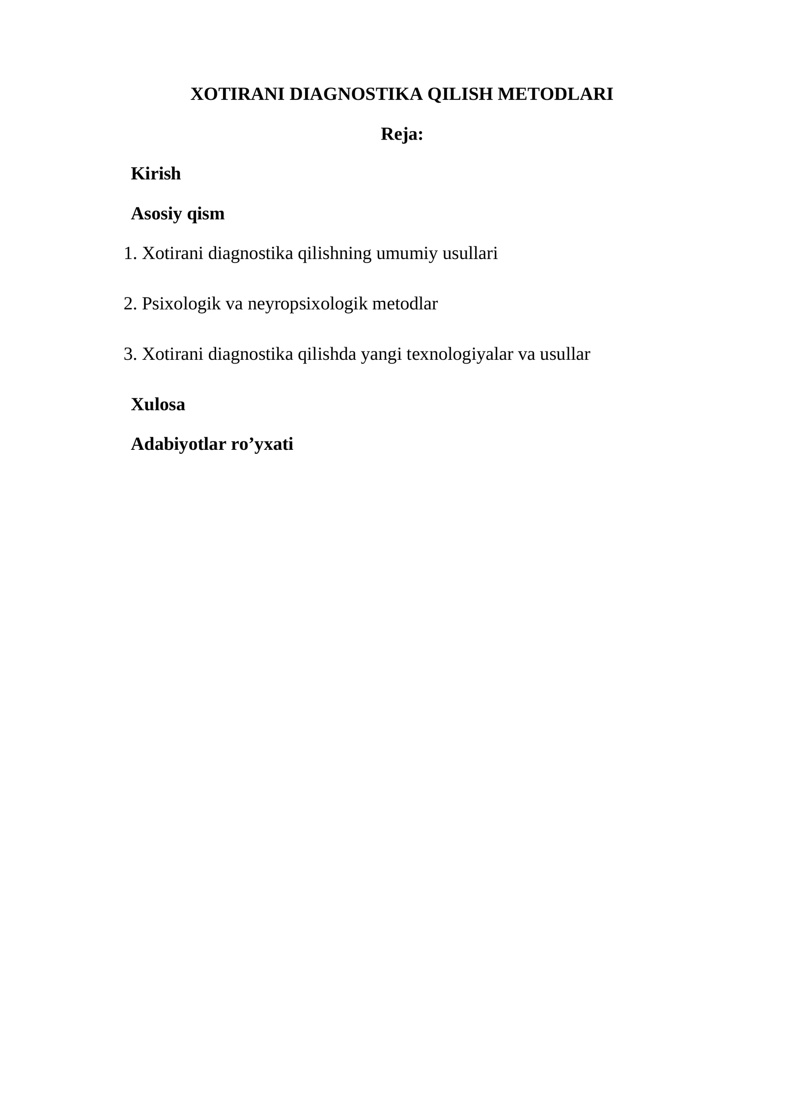 XOTIRANI DIAGNOSTIKA QILISH METODLARI