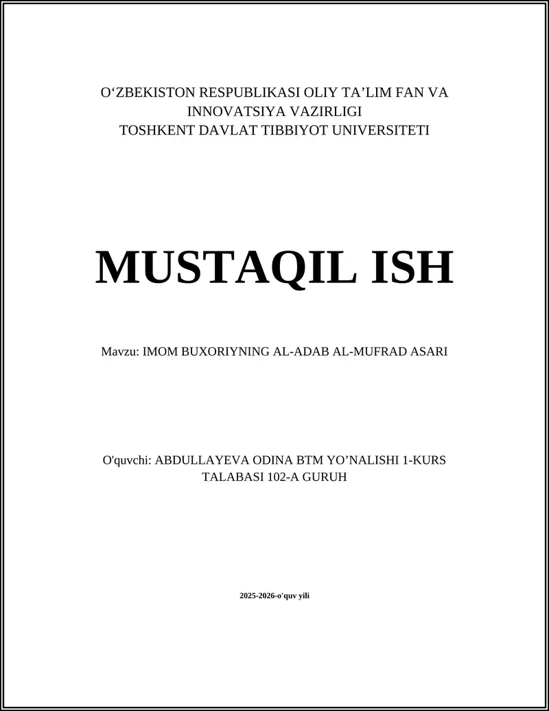 Imom Buxoriyning Al-Adab al-Mufrad Asari