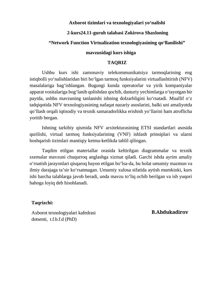 Network Function Virtualization texnologiyasining qo‘llanilishi