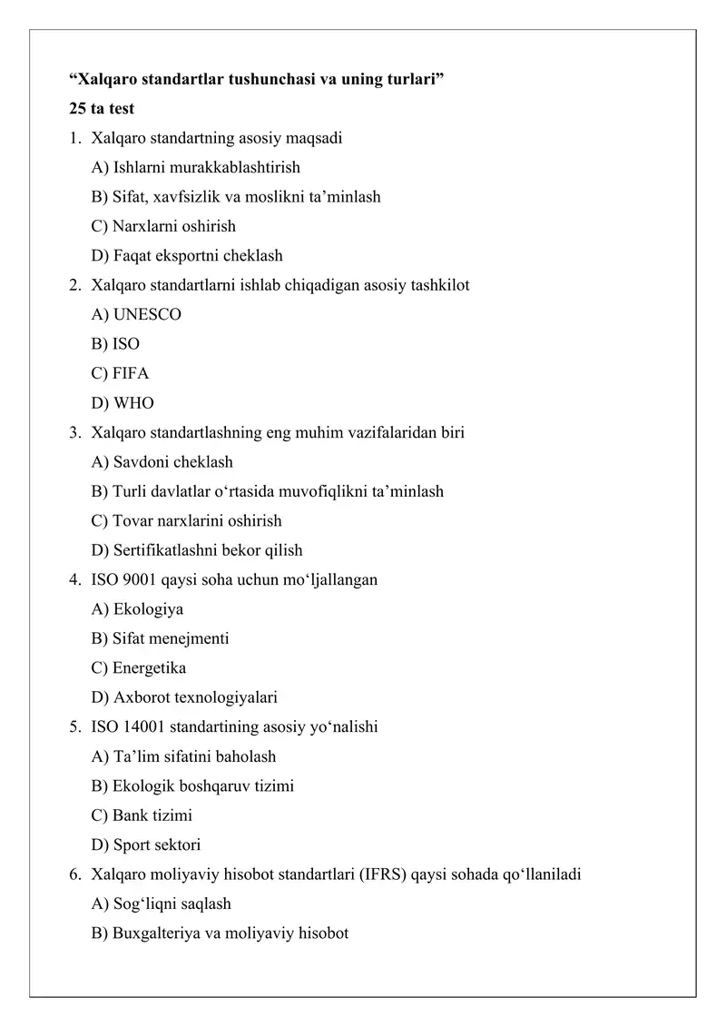 Xalqaro standartlar tushunchasi va uning turlari