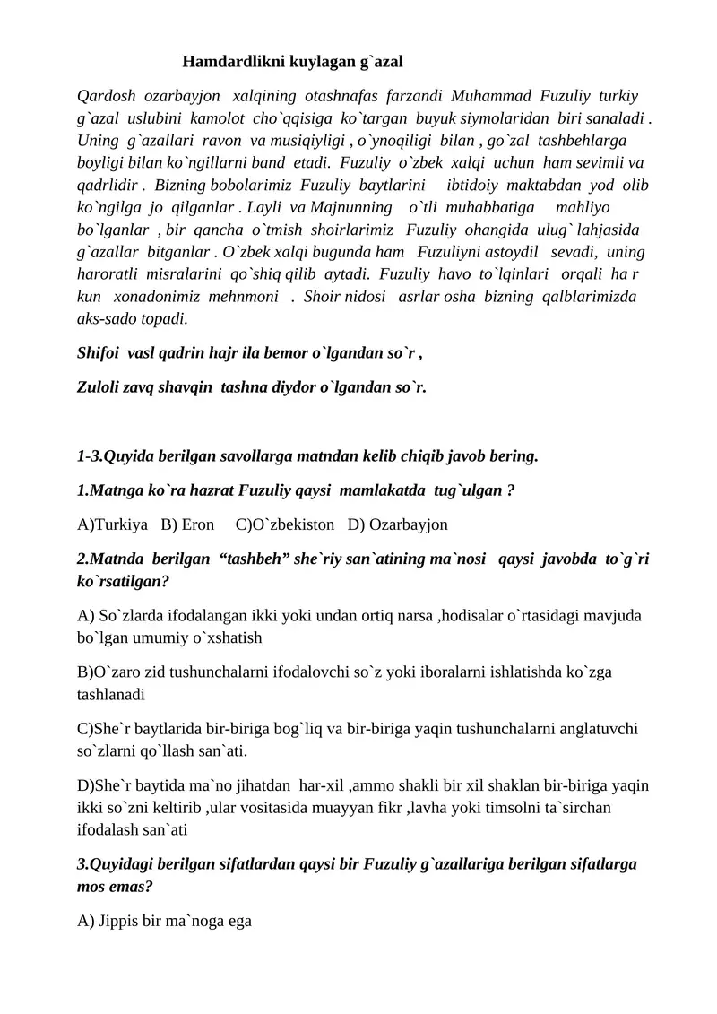 Hamdardlikni kuylagan g`azal