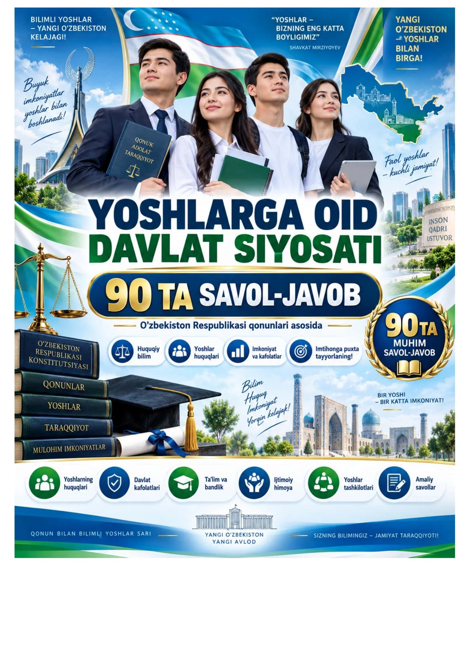 Yoshlarga oid davlat siyosati | 90 ta savol-javob | O‘zbekiston qonunlari asosida