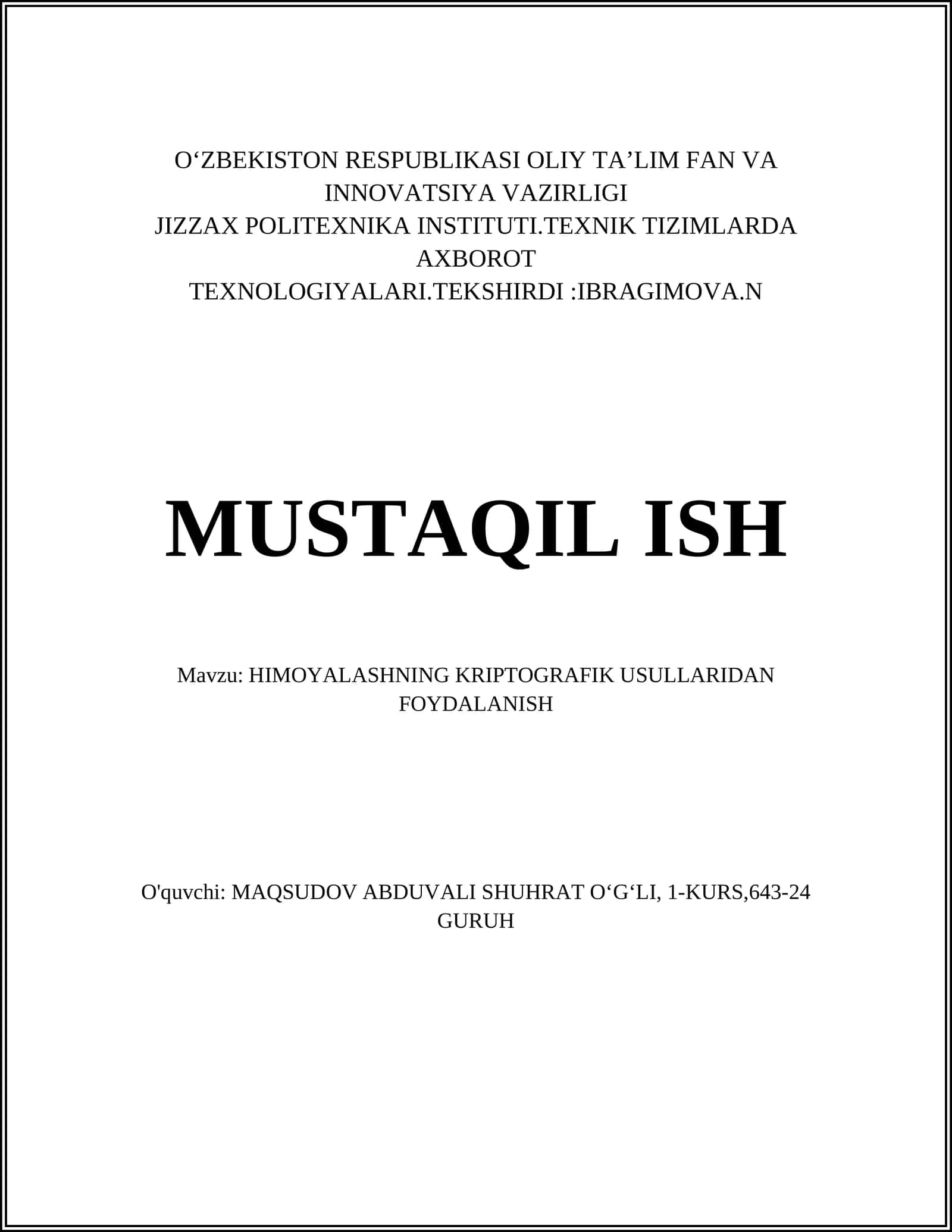 HIMOYALASHNING KRIPTOGRAFIK USULLARIDAN FOYDALANISH