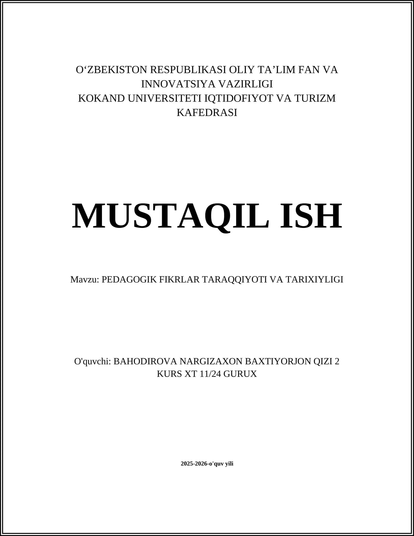 PEDAGOGIK FIKRLAR TARAQQIYOTI VA TARIXIYLIGI