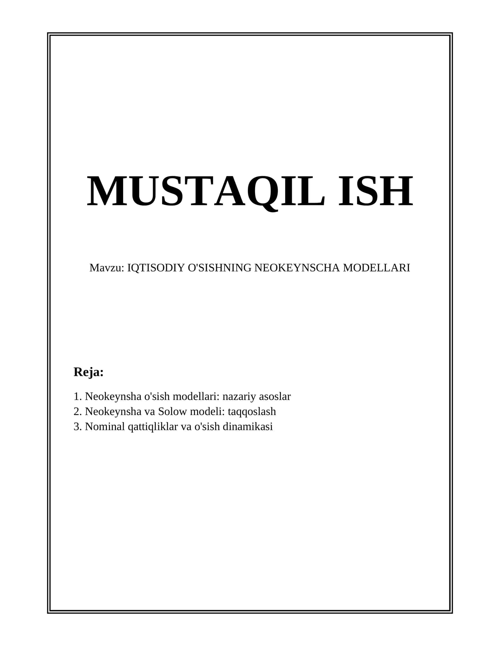 IQTISODIY O'SISHNING NEOKEYNSCHA MODELLARI