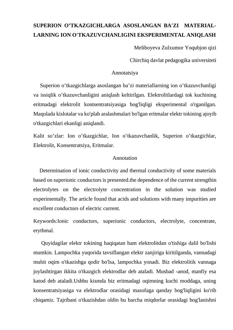 SUPERION O’TKAZGICHLARGA ASOSLANGAN BA'ZI MATERIAL-LARNING ION O'TKAZUVCHANLIGINI EKSPERIMENTAL ANIQLASH