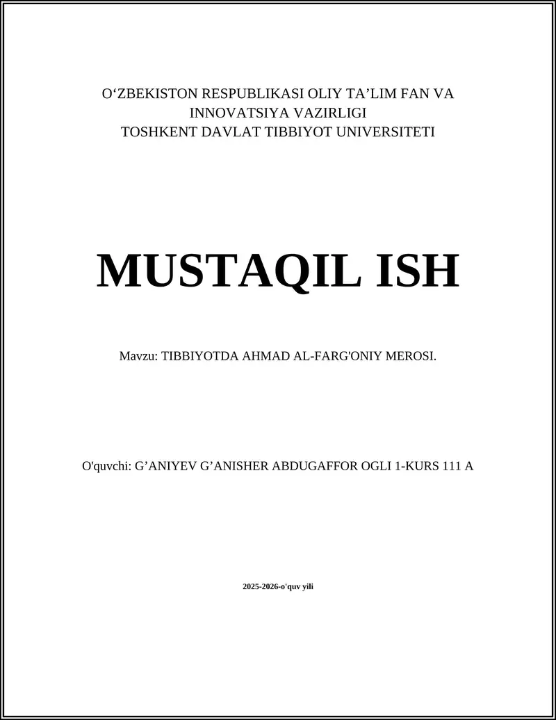 TIBBIYOTDA AHMAD AL-FARG'ONIY MEROSI